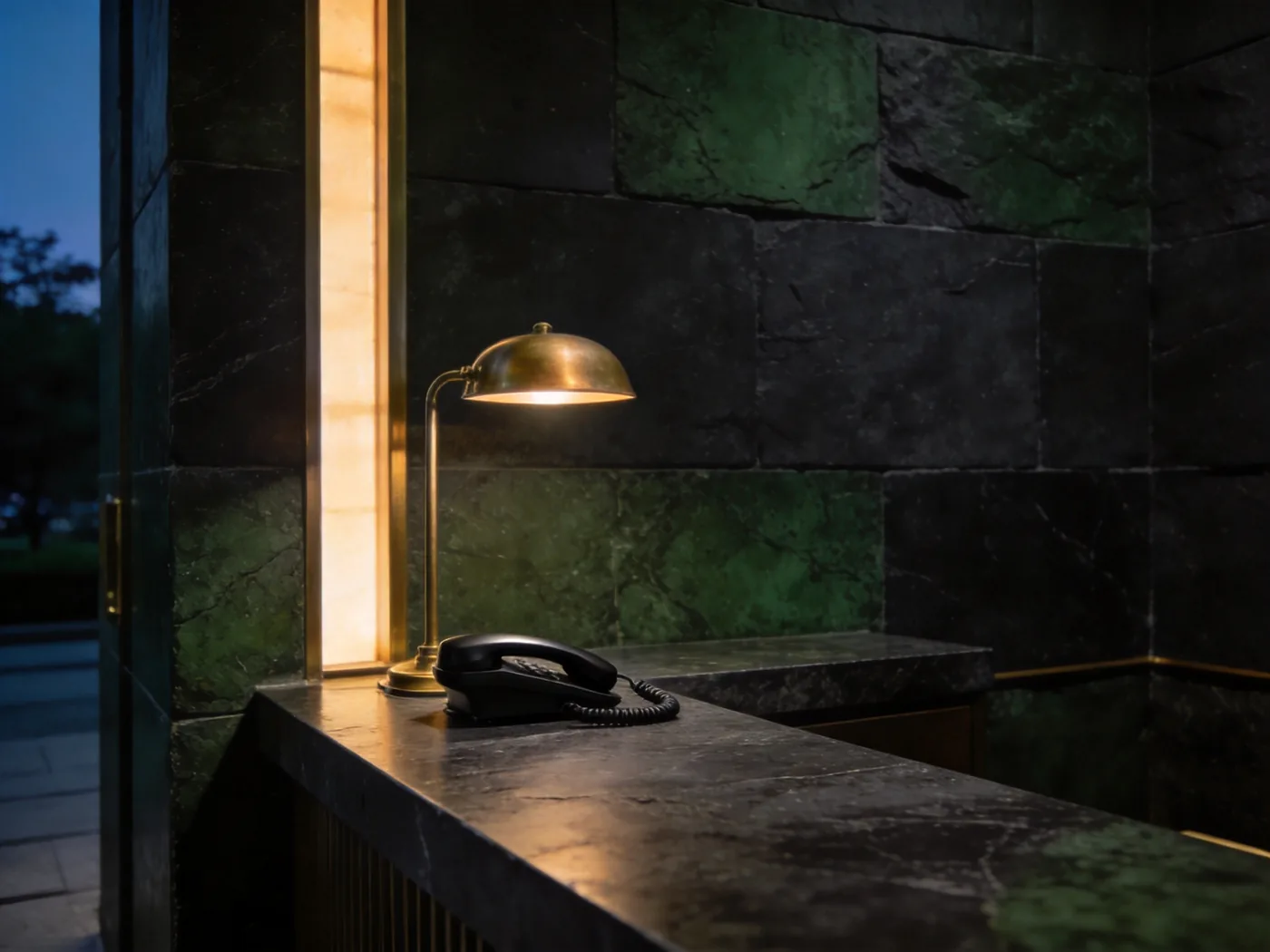 A plain black telephone handset on a dark stone counter under a warm lamp