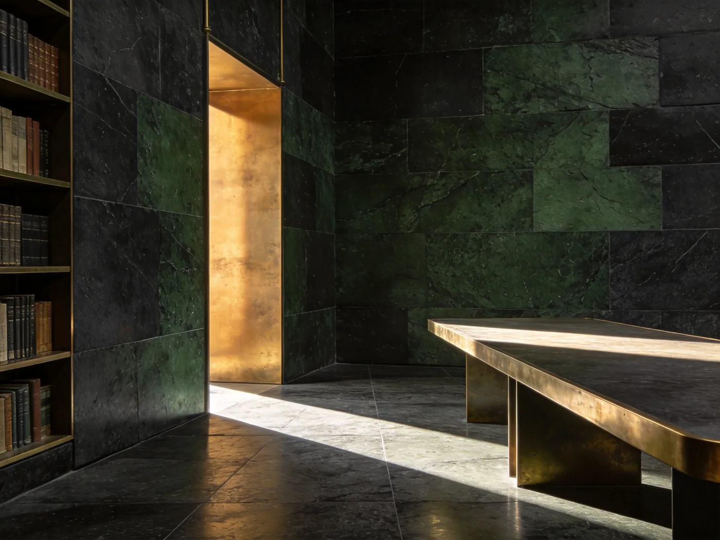A dark stone reading room with a long brass-edged table in a shaft of daylight