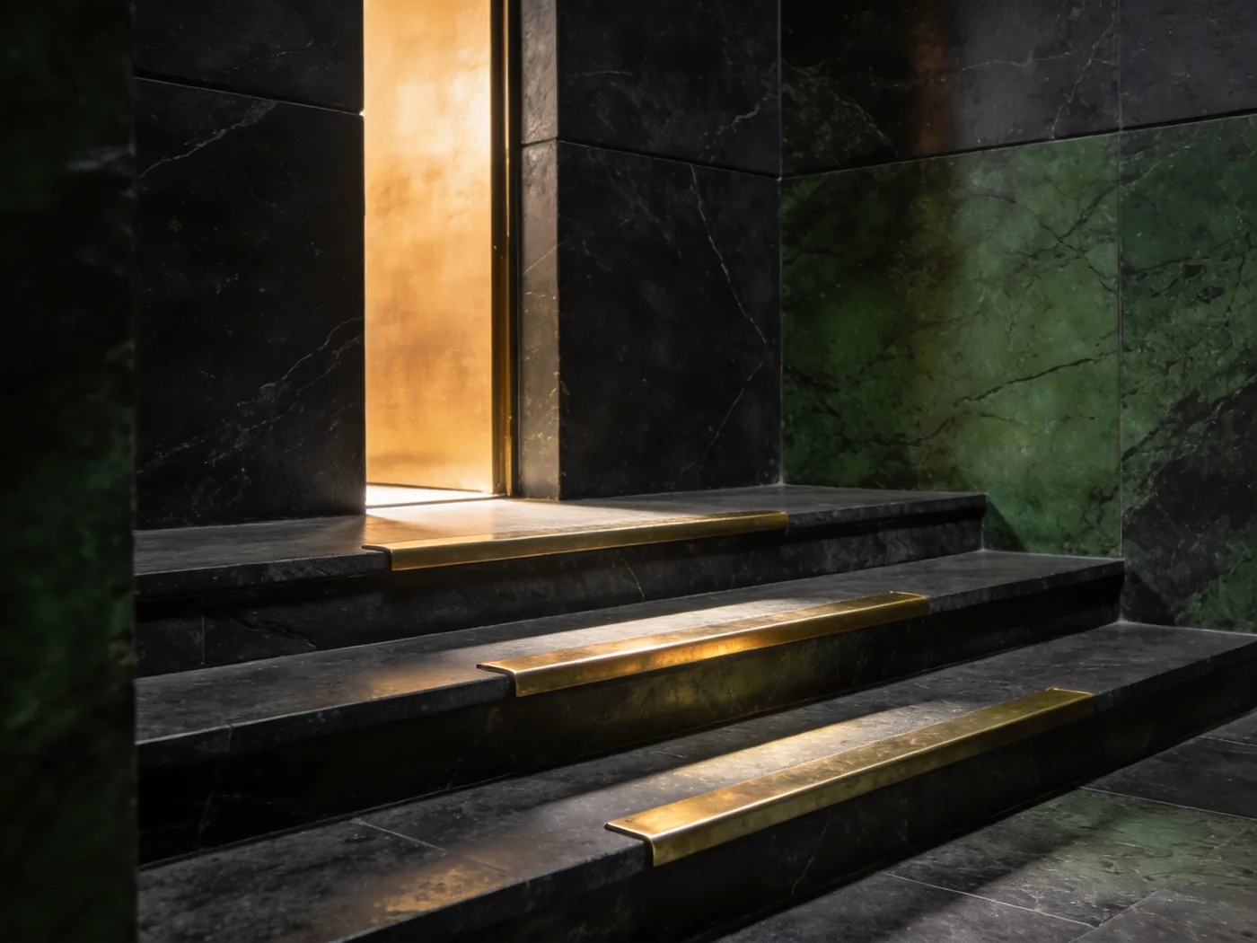 Three tiers of dark stone steps rising toward a lit threshold.