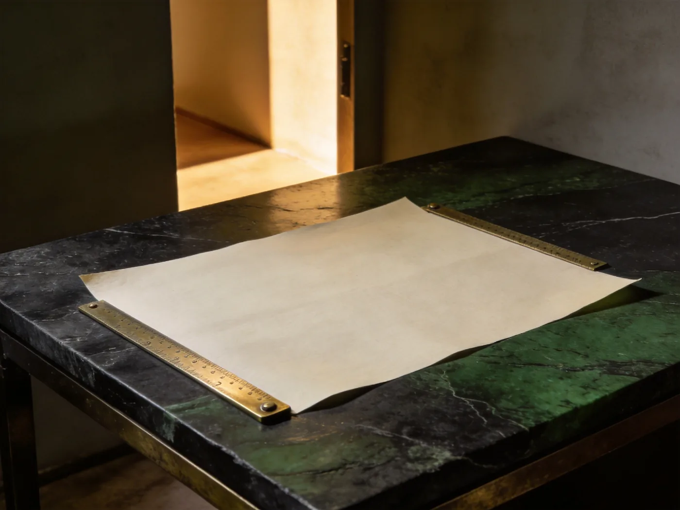 A sheet of blank parchment on a dark stone table beside a brass ruler