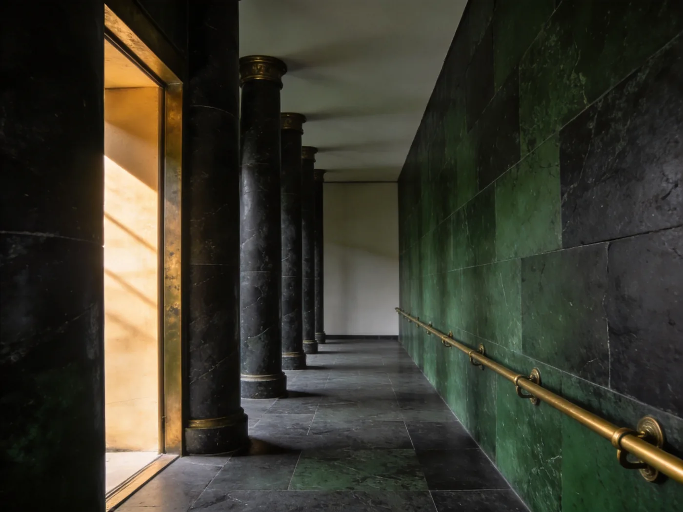 A row of dark stone pillars evenly spaced along a corridor with a brass rail between them.