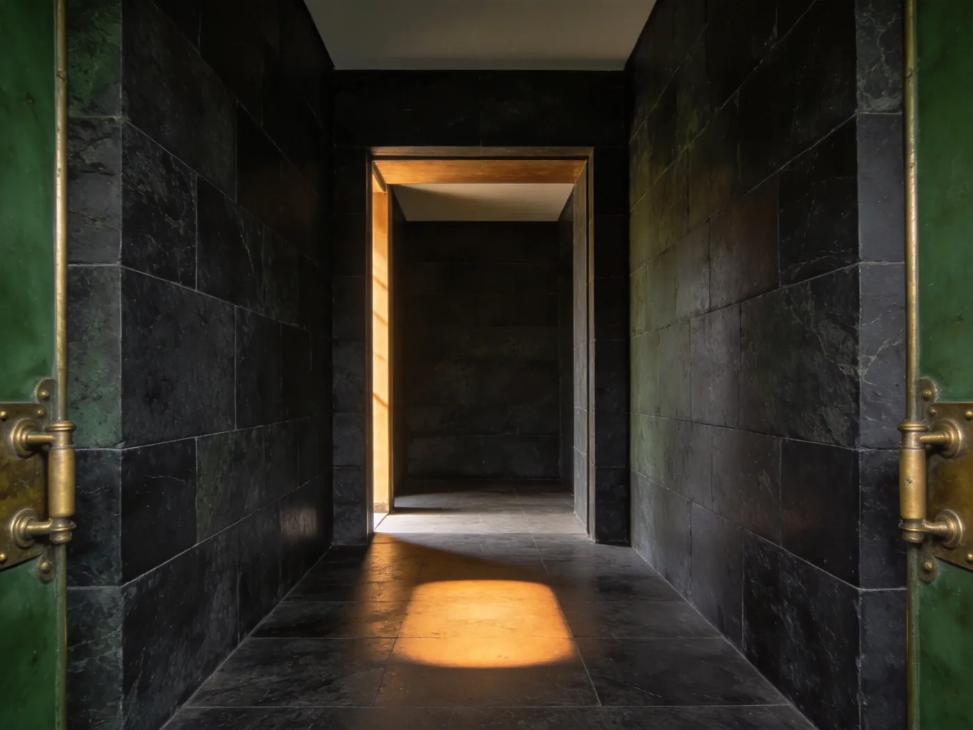 A dark corridor with a single pool of warm light on the floor ahead