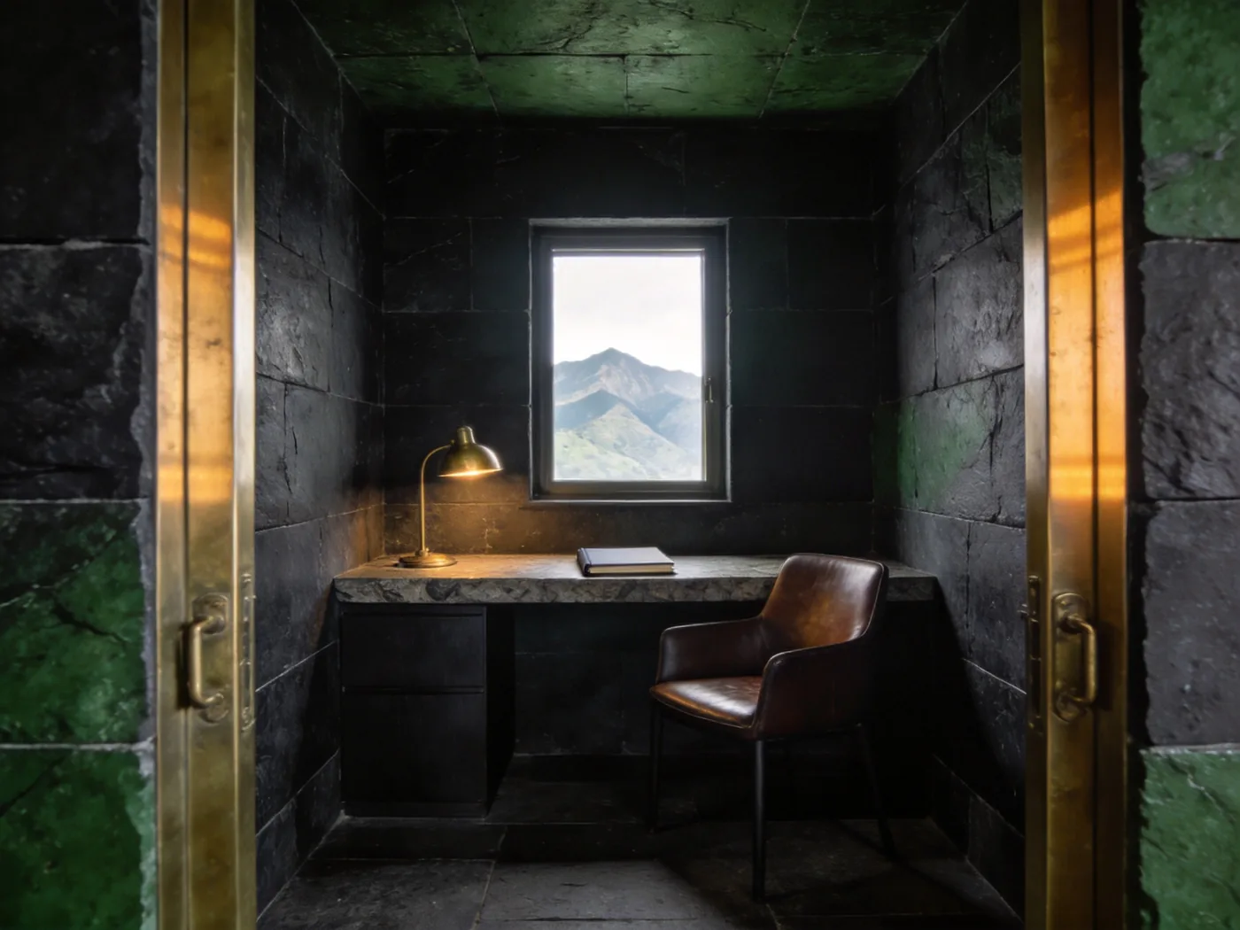 A small dark study with a stone desk, a closed notebook and a brass lamp.