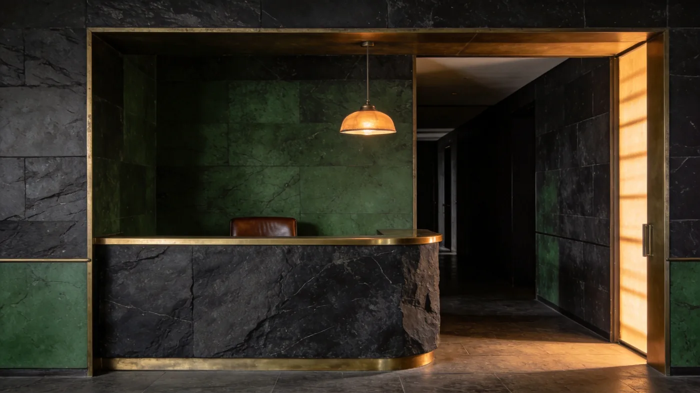 A dark stone reception desk with a brass edge and a warm lamp.
